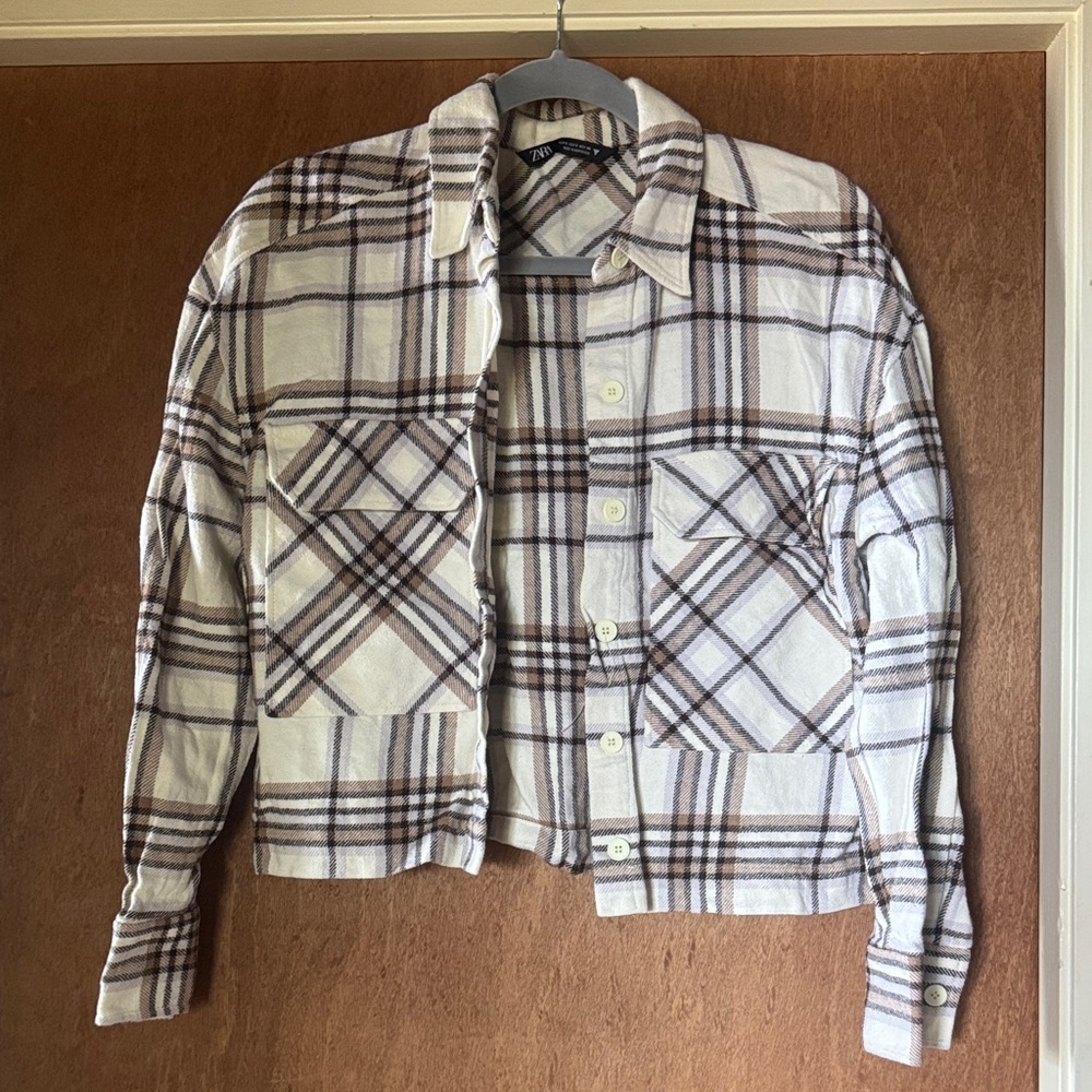Zara Cream and Brown Plaid Utility Jacket